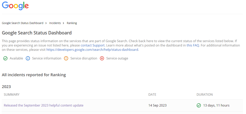 Google search status dashboard